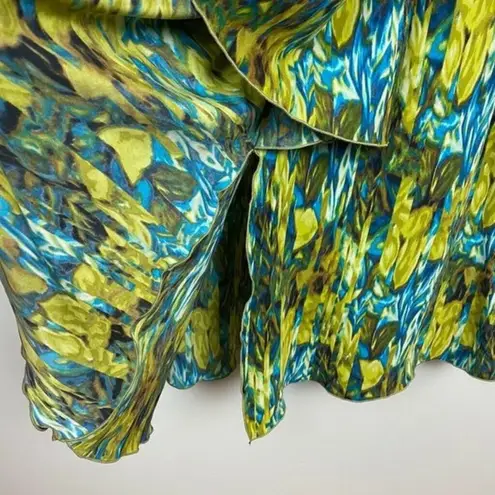 Nic+Zoe Maxi Skirt XS A-Line Drape Pleat Green Abstract Front Slit Stretch Waist