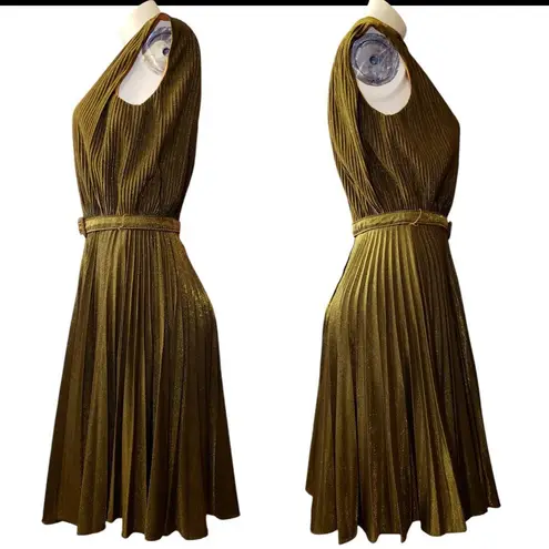 Vintage Betty Hartford glam glitter metallic gold dress with pleated skirt & removeable belt (see measurements)