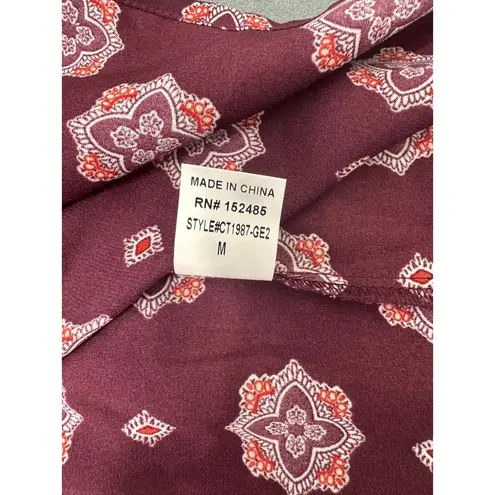 PaperMoon Burgundy Medallion Print Blouse, Boho Fall Top, 3/4 Sleeve