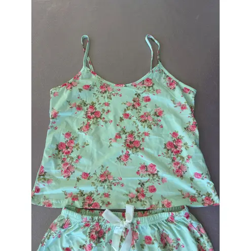 Floral Pajama Set Cami Top & Shorts Ruffle Trim Sleepwear Loungewear M Green Size M