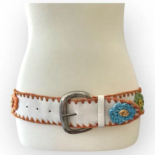 Vintage White Brown Genuine Leather Floral Whipstitch Belt Flowers Applique 90’s