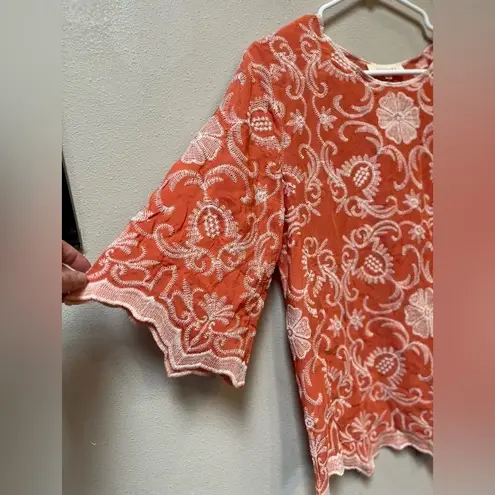 Solitaire Orange Cream Embroidered Boho Floral Top Small