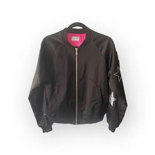 Lauren Moshi ☻︎ Levelle Star Skull Satin Bomber Jacket ☻︎Black Silver Hot Pink