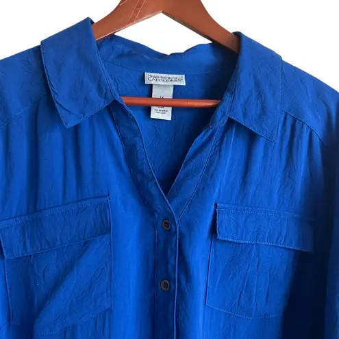 Maggie Barnes Women Tunic Top 1X Royal Blue Crinkle Button Up Business Travel