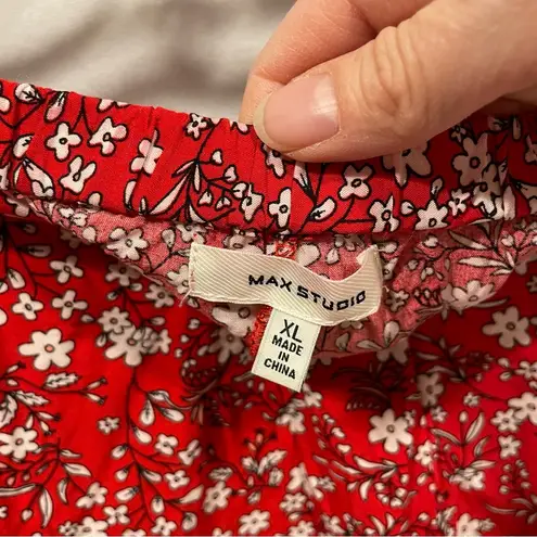 Max Studio  red floral pull on asymmetrical hem elastic waist flowy boho midi