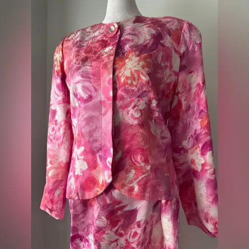 Vintage ‘90s Anne Crimmins for Umi Collections 100% Silk Floral Print Skirt Suit Pink Size 8