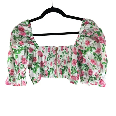 Hill House Womens The Isabella Top Crop Smocked Puff Sleeve Pink Roses White M