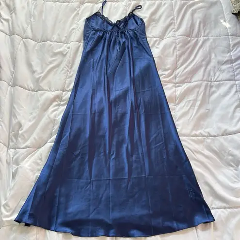Womens Y2K Retro Blue Maxi Dress Slip Chemise Babydoll L Gown Navy High Slit Size XL
