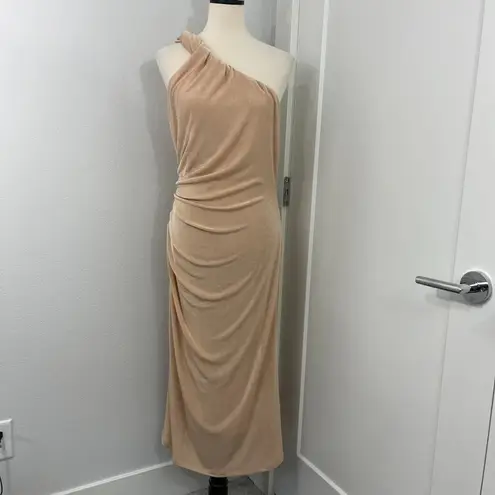 New Misha Size 12 Rose Gold Dune One Shoulder Ruched Midi Dress