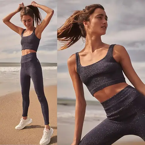 NEW Free People Movement Happiness Runs Lurex Square Neck Crop Cami Tank Top XS Blue