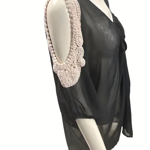 American Dream Black Sheer Cover Up Tunic Crochet Shoulders Lace Detail Size 2X