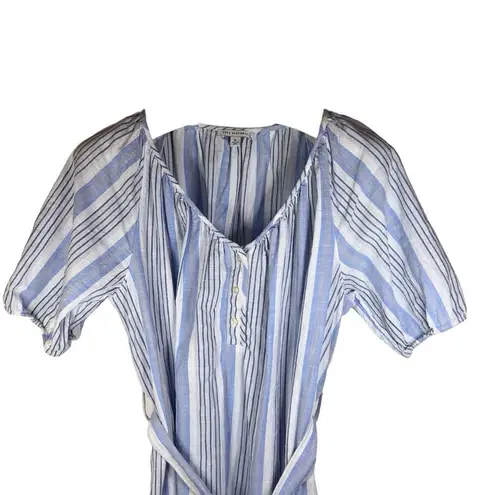 Free Assembly Womens XL Shirt Dress Denim Striped Chambray Puff Sleeve VNeck Tie Blue