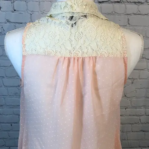 Sleeveless High Low Pink Sheer Sleeveless Collared Top with Dots & Lace Trim