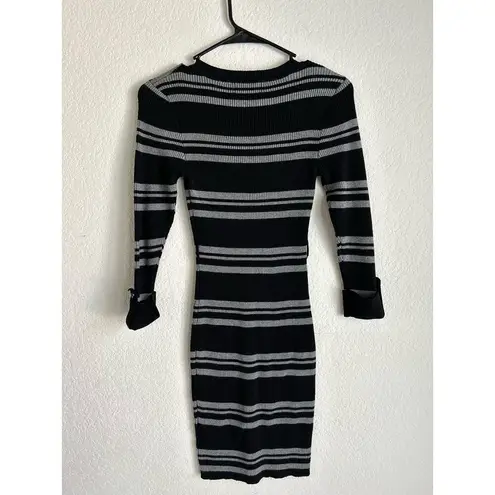 Pink Rose  Junior Mini Bodycon Black Gray Striped Y2K  V-Neck Dress Size Small