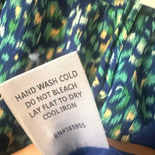 AnnieWear Los Angeles Boho Chiffon Blouse L Blue Green Ikat Ruffle Sleeve Size L