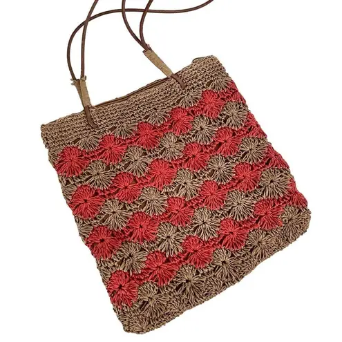 Medium Woven Straw Beige and Red Purse w/ Cloth Liner Tan