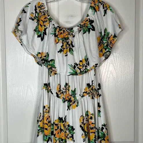 Jessica London  Sz 14 W Flounce Maxi Dress Floral White Yellow Sleeveless