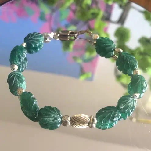 Vintage hand carved leaf nephrite jade gold filled bracelet