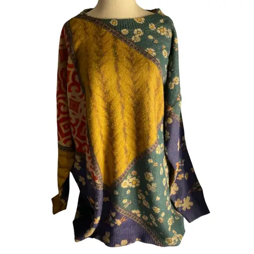 None Boho Patchwork Oversized Sweater Multicolor Floral Print Wool Blend Size M