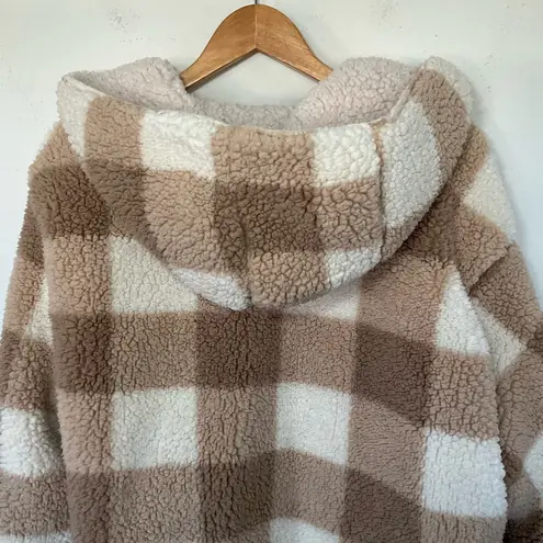 Love Tree  Teddy Sherpa Plaid Tan White Cream Brown Cozy Cardigan Reversible Sz S