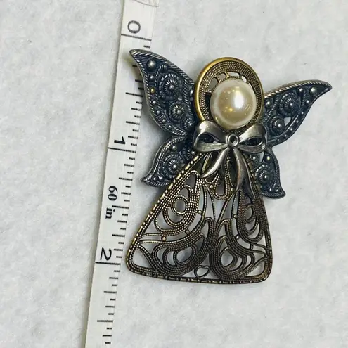 Filagree Silver Gold Color Angel Jewelry Pin Brooch Halo Faux Pearl Bow Wings