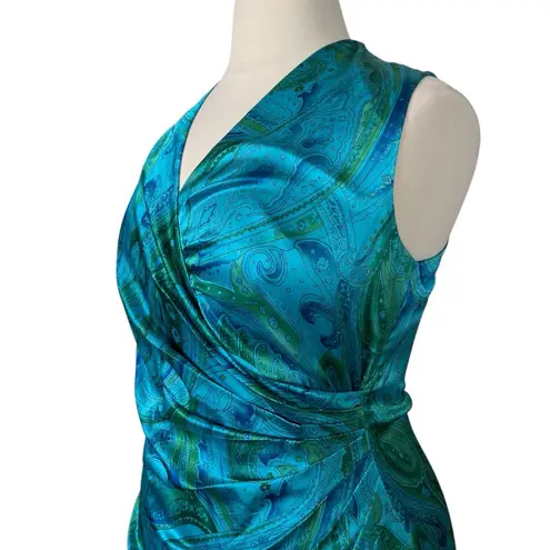 Lauren Ralph Lauren Dress Satin Wrap Top Ruched Teal Paisley Women’s Size 14 Blue