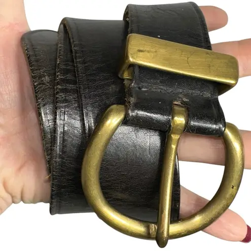 None Vintage Y2K Size M Black Leather Round Solid Brass Buckle Belt