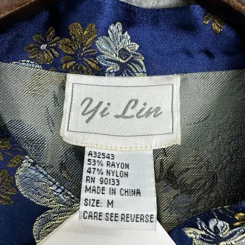 Yi Lin top womens medium blue floral brocade mandarin collar button Asian kimono