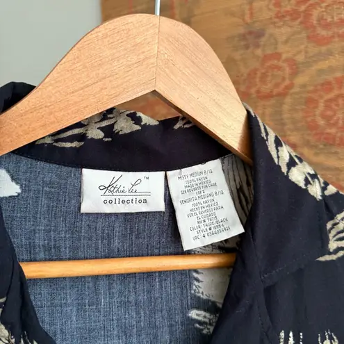 Grains of Wheat Print Long Black Short Sleeve Duster Size M