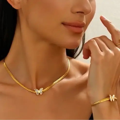 18K Gold Plated Butterfly Mother Of Pearl necklace SET Stainless womens Jewelry White