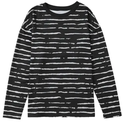 NEW Black Long Sleeve Casual Crewneck Top with White Abstract Stripes Size L