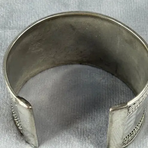 Wide Hammered Silver Tone Metal Cuff Bracelet Braided Textured Edging Boho