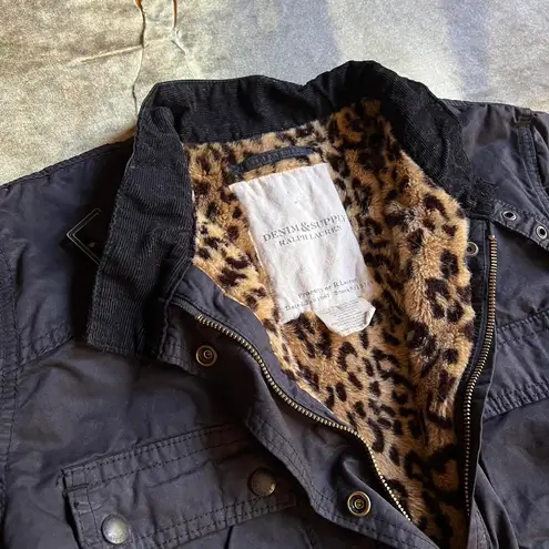 Ralph Lauren  Black Cargo Utility Jacket With Leopard Faux Fur Lining