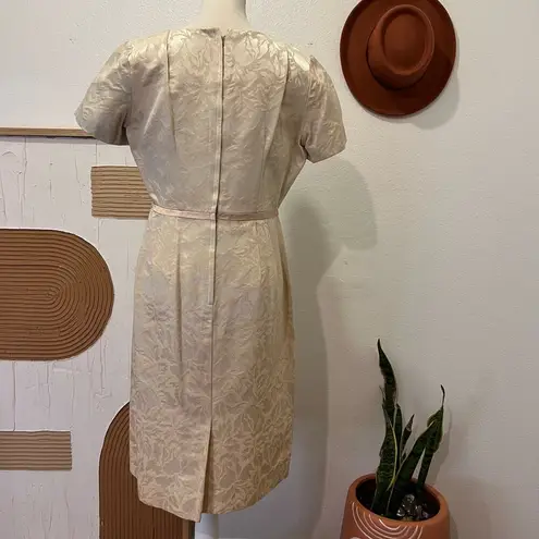 Vintage Handmade 1960s Cream Tapestry Bow Detail Short Sleeve Knee Length Dress Pink Size M