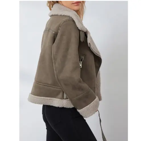 ZARA Shearling Rider's Jacket Double Boa Brown Beige sz XL