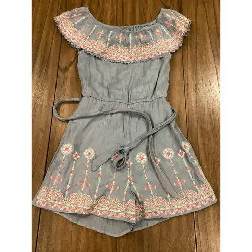 Savanna Jane off the shoulder Romper Blue Shimmer mettalic Floral Embroidered S