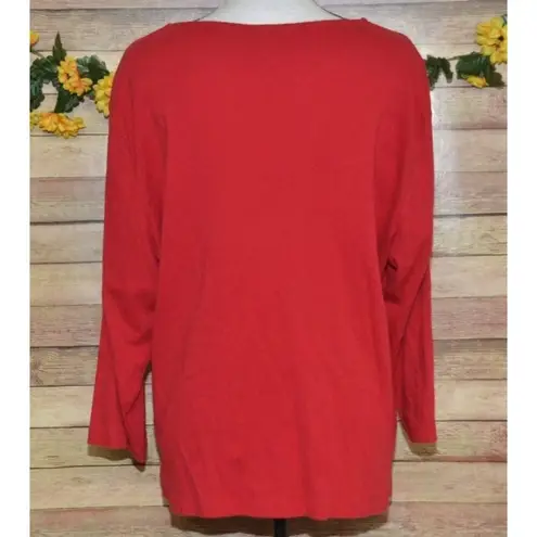 Rebecca Malone Red Knit Tunic Top Black Ribbon Trim Studded V-Neck Size 1X