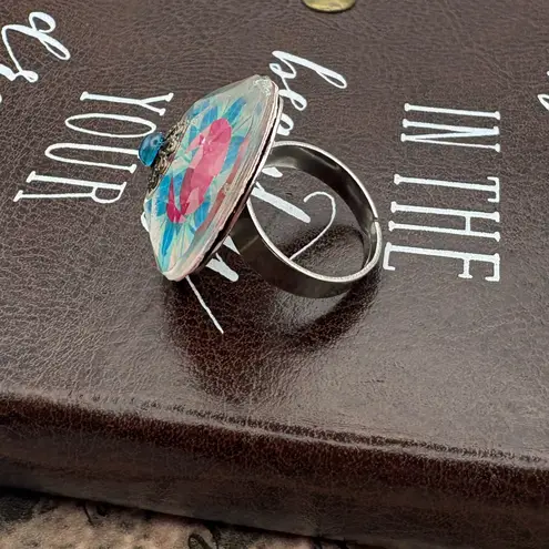 Adjustable Floral Statement Ring Stainless Steel Boho Y2K Blue