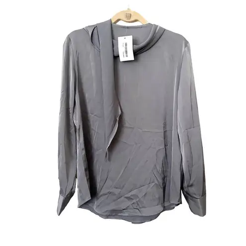 OAK + FORT Satin Drape Front Blouse Tie Neck NWT Sz L Silver Size L