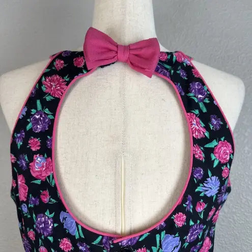 Vintage Lanz Womens Midi Dress 14 Black Floral Open Bow Back Pockets Made in USA