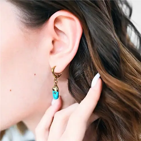 Boutique Handmade Gold Plated Turquoise Drop Huggie Hoop Earrings, 12mm