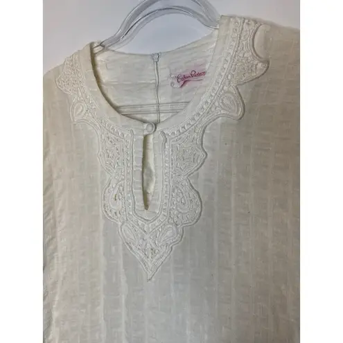 American Vintage 1970s Evelyn Pearson Embroidered Muslin Boho Dress with Bell Sleeves small