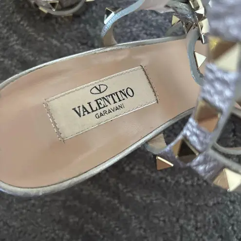 Valentino Garavani Rockstud Caged 90mm Block Heel Sandals Silver Leather Size 39