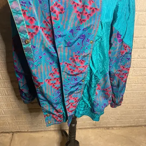 Lady Lavon Womens Vintage 90s Teal Print Windbreaker Jacket Size 2X Blue
