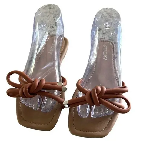 Fitory Womens Square Open Toe Knotted Strap Thong Flat Sandals Brown Size 8