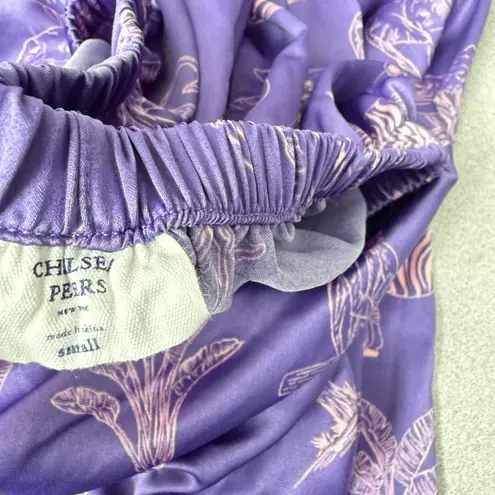 Chelsea Peers Safari Pajama Set Womens Small Purple Satin Button Up Elastic Pink - Image 7