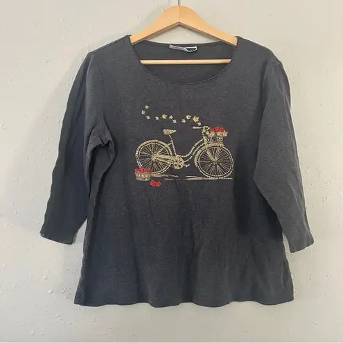 Karen Scott Vintage Gray Shirt Leaves Apples Gold Bicycle and Red Accents Fall