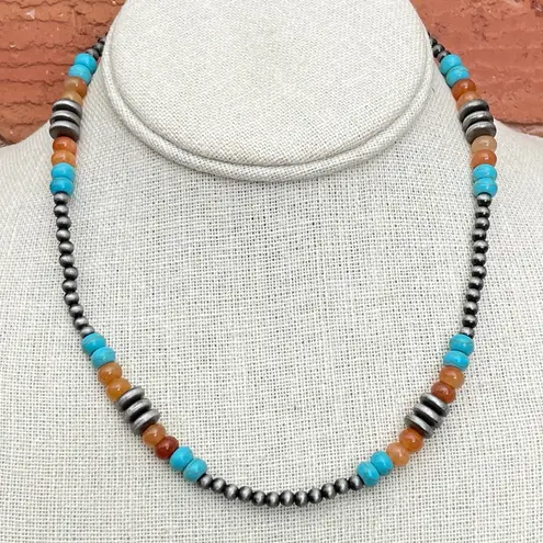 Navajo Style Pearl Necklace with Turquoise, Faux Jasper & Saucer Pearls Silver