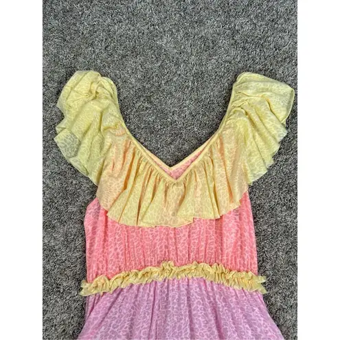 Pitusa Rainbow Ruffle Mini Dress S Petite Tiered Flowy Colorful Flutter Sleeves Pink Size undefined