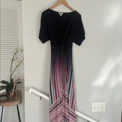 One World Maxi Dress Black 70s Wrap Flowy Stripe Sexy Maximalism Cocktail Party